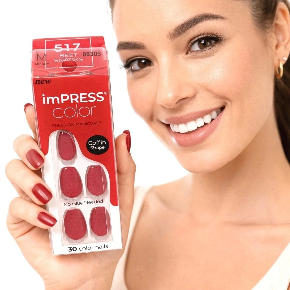 imPRESS Color Red‎ 517 Medium Coffin Shape Press On Nails 30 Count 97-25